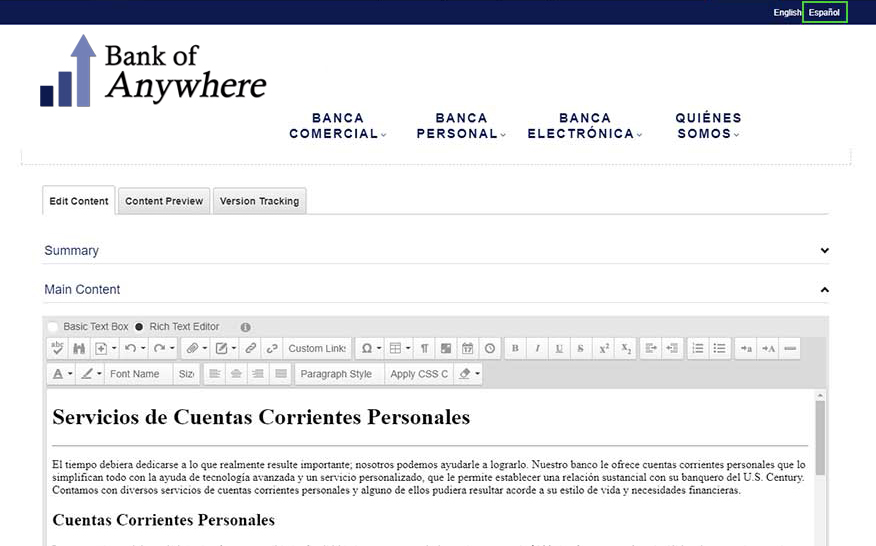 Example of a page in Spanish when logged in